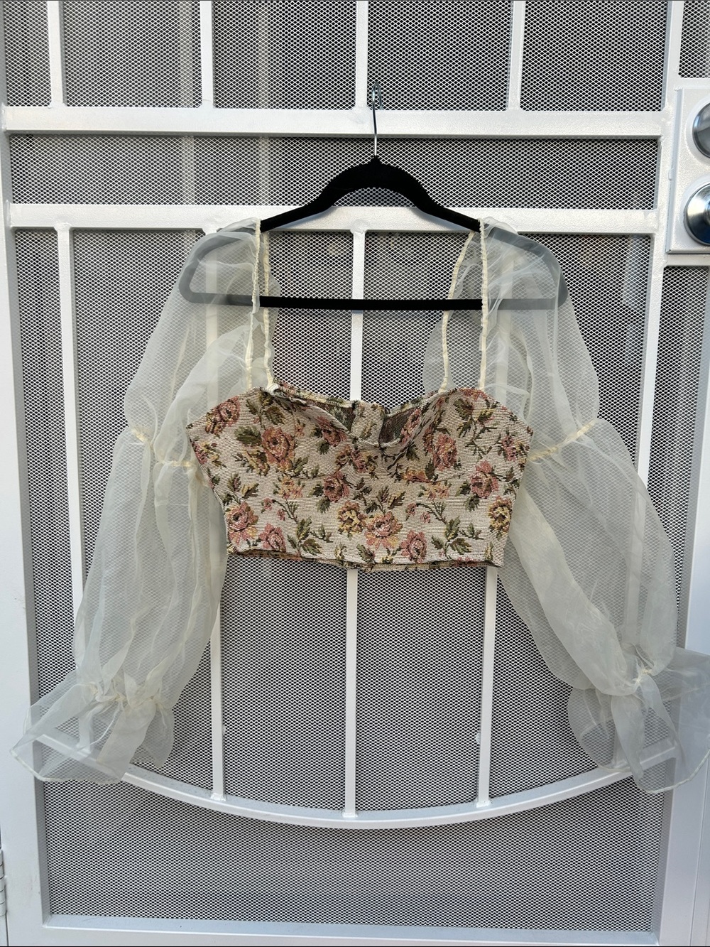Sheer Puff Sleeve Floral Crop Top in Cream